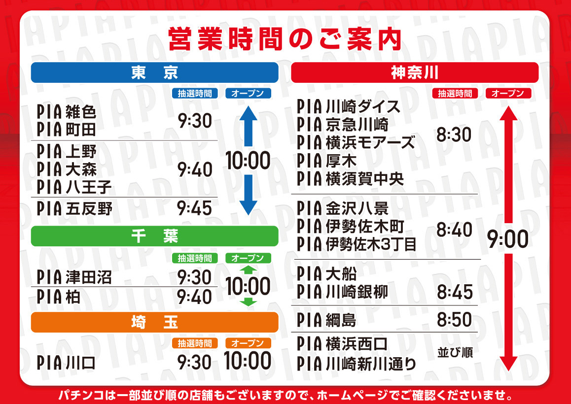 全館9時open各店、全館10時open各店