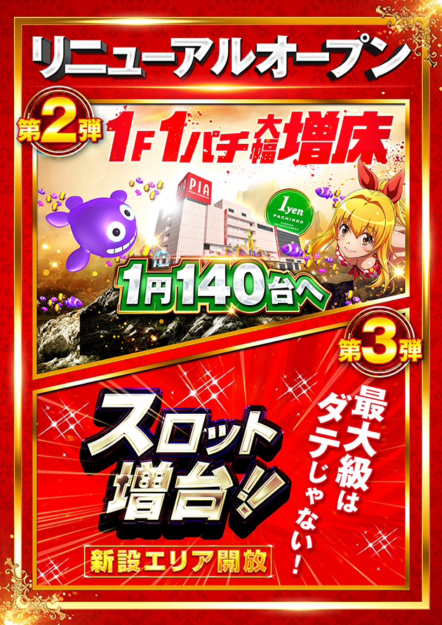 リニューアルオープン第2弾1F1パチ大幅増床・第3弾スロット増台